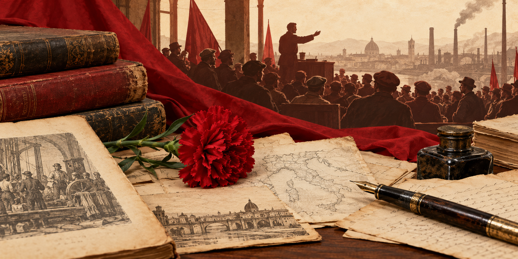 Illustrazione simbolica della storia socialista: libri, garofano rosso e assemblea di lavoratori