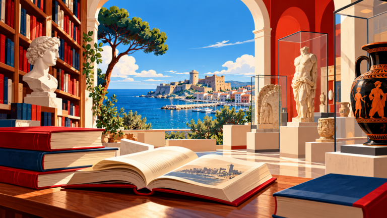 Illustrazione simbolica di libri, biblioteca e reperti museali sul litorale